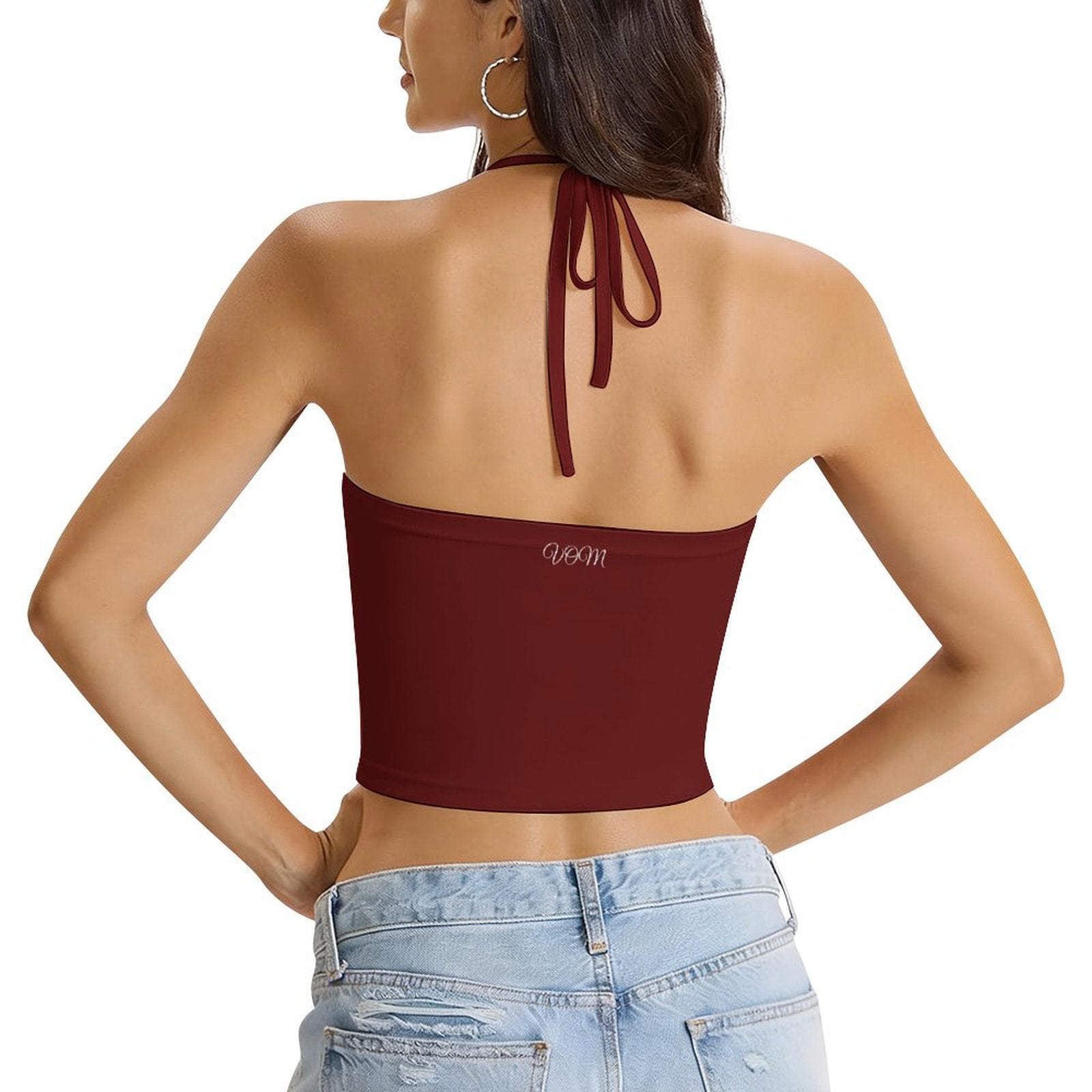 Camiseta corta de mujer con cuello halter y diseño kuña mbarete