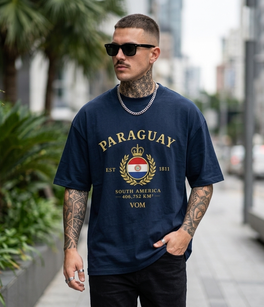 Camiseta oversize orgánica de cuello alto unisex con diseño frontal de Paraguay