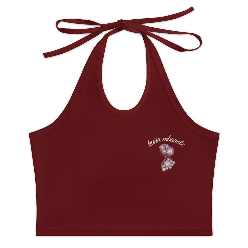 Camiseta corta de mujer con cuello halter y diseño kuña mbarete