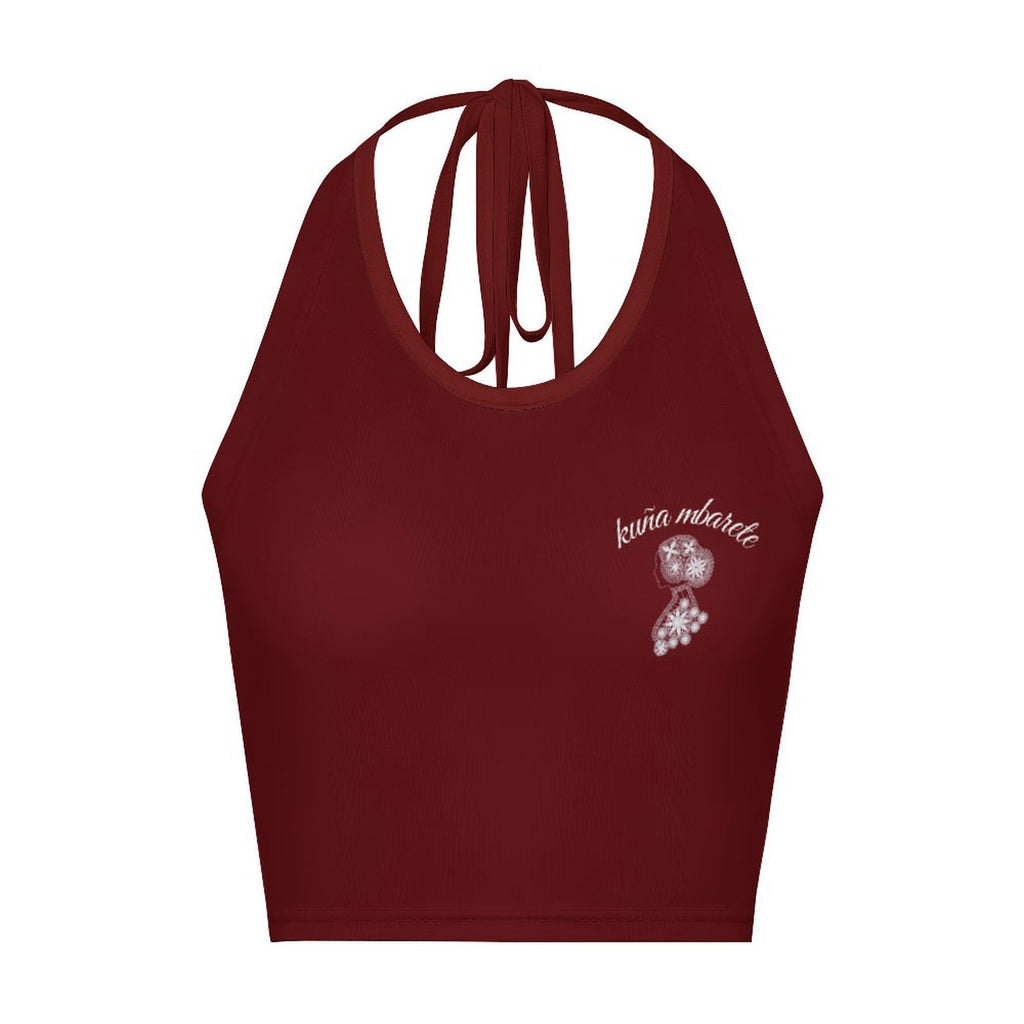 Camiseta corta de mujer con cuello halter y diseño kuña mbarete