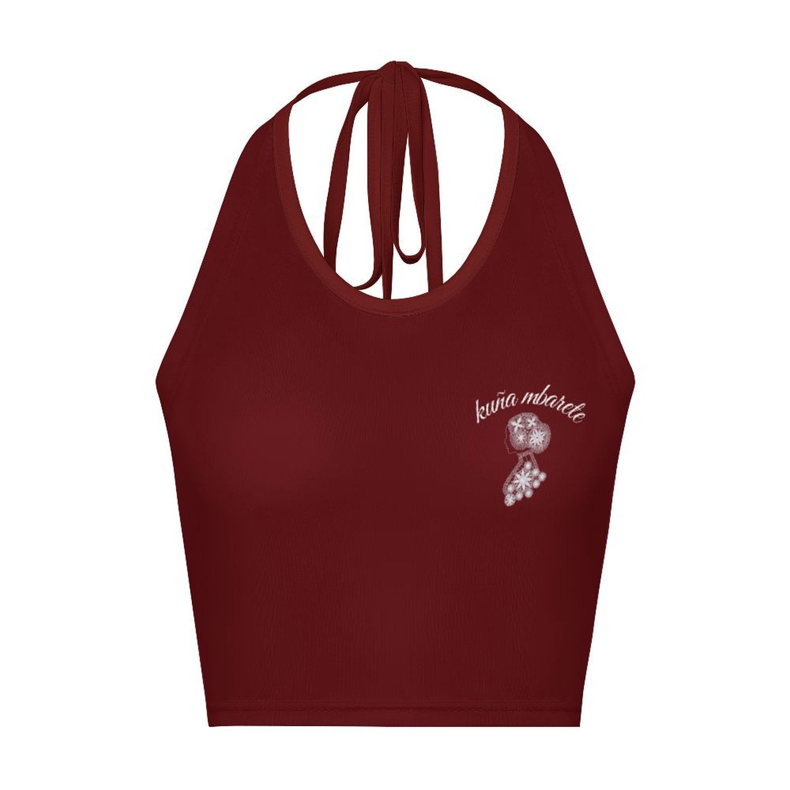 Camiseta corta de mujer con cuello halter y diseño kuña mbarete
